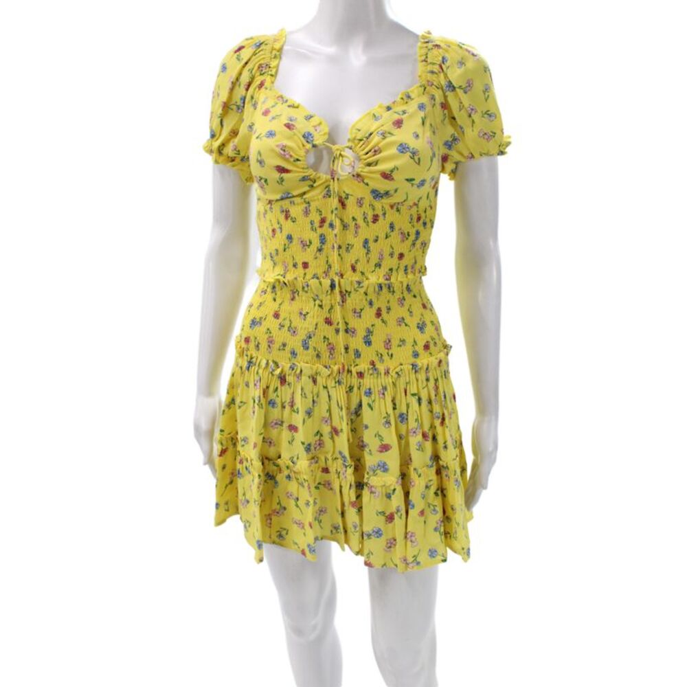 Skylar + Madison Women Yellow Floral Sweetheart Neck Mini Dress Pullover Size S